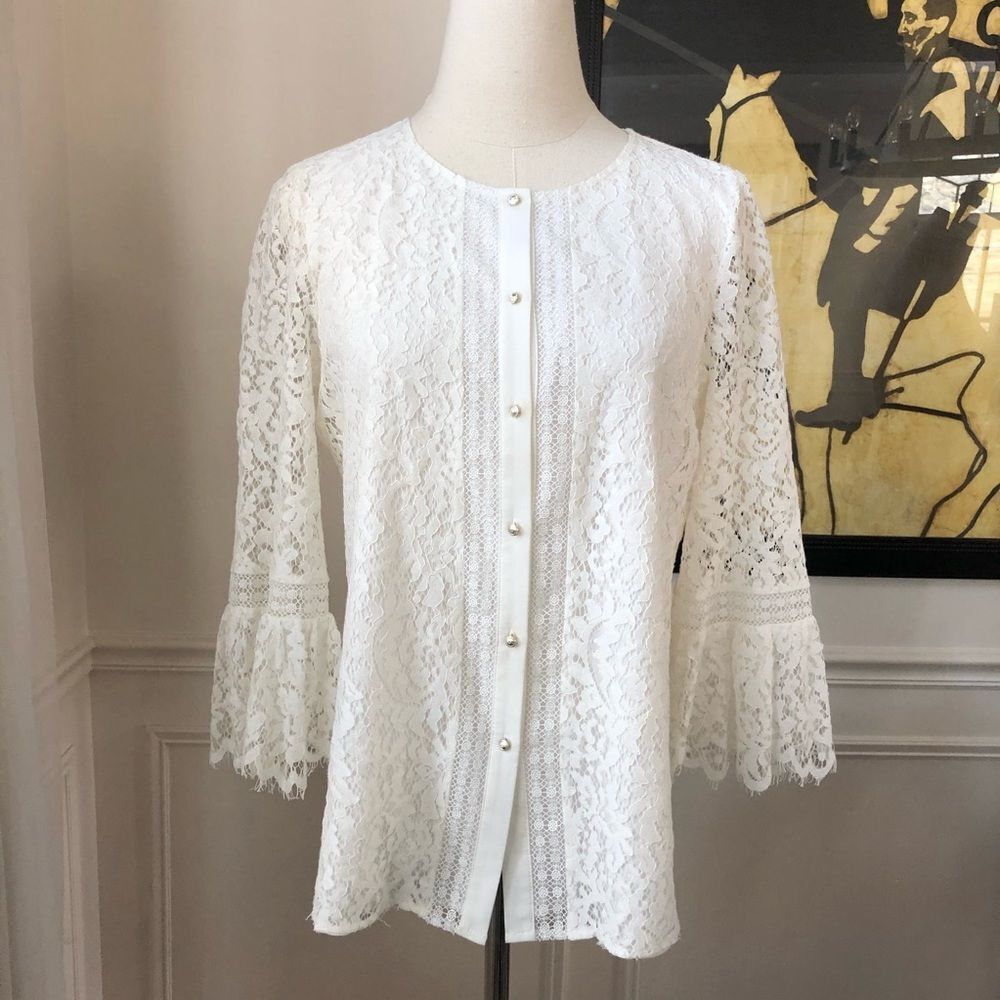 Karl Lagerfeld Ivory Lace Trumpet Sleeve Top S